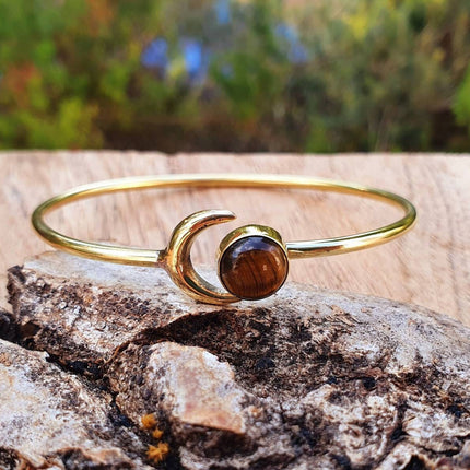 Tiger Eye Bracelet Moon Brass Bangle / Galaxy / Solar System / Planets / Boho / Adjustable / Hippie / Chic / Sun