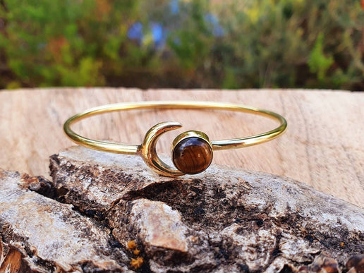 Tiger Eye Bracelet Moon Brass Bangle / Galaxy / Solar System / Planets / Boho / Adjustable / Hippie / Chic / Sun