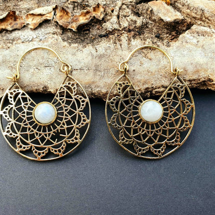 Golden Ethnic Moonstone Earrings Ethnic, rustic, yoga, hippie, gypsy, pretty, psy, boho, bohemian, festival