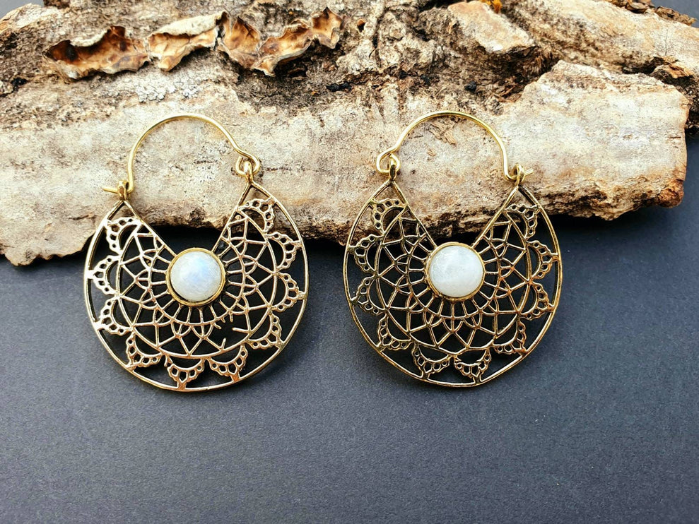 Golden Ethnic Moonstone Earrings Ethnic, rustic, yoga, hippie, gypsy, pretty, psy, boho, bohemian, festival