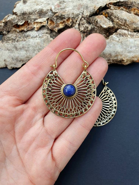 Golden Ethnic Lapis Lazuli Earrings Ethnic, Blue Stone , rustic, yoga, hippie, gypsy, pretty, psy, boho, bohemian, festival