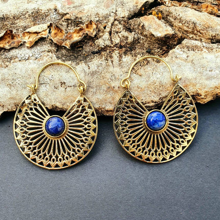 Golden Ethnic Lapis Lazuli Earrings Ethnic, Blue Stone , rustic, yoga, hippie, gypsy, pretty, psy, boho, bohemian, festival