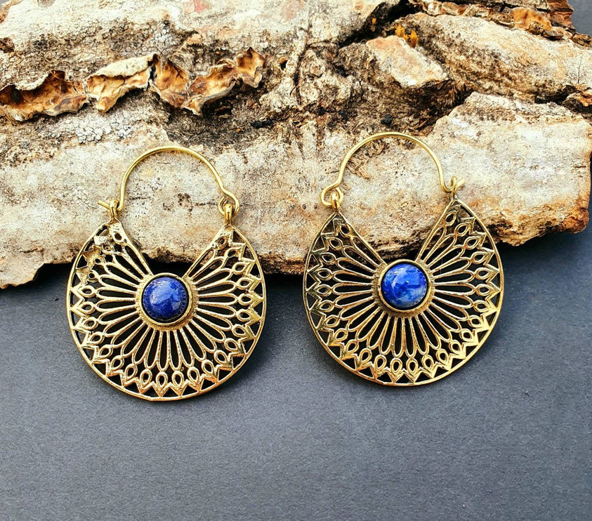 Golden Ethnic Lapis Lazuli Earrings Ethnic, Blue Stone , rustic, yoga, hippie, gypsy, pretty, psy, boho, bohemian, festival