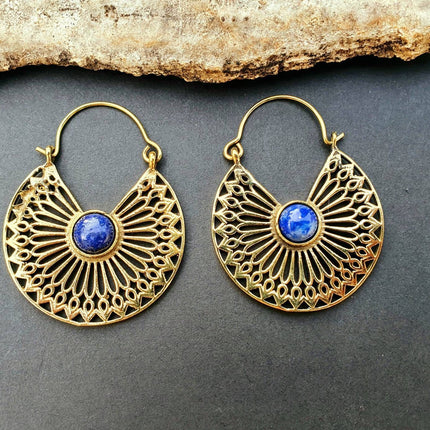 Golden Ethnic Lapis Lazuli Earrings Ethnic, Blue Stone , rustic, yoga, hippie, gypsy, pretty, psy, boho, bohemian, festival