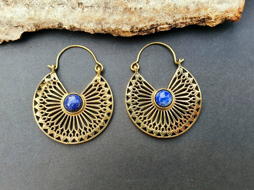 Golden Ethnic Lapis Lazuli Earrings Ethnic, Blue Stone , rustic, yoga, hippie, gypsy, pretty, psy, boho, bohemian, festival