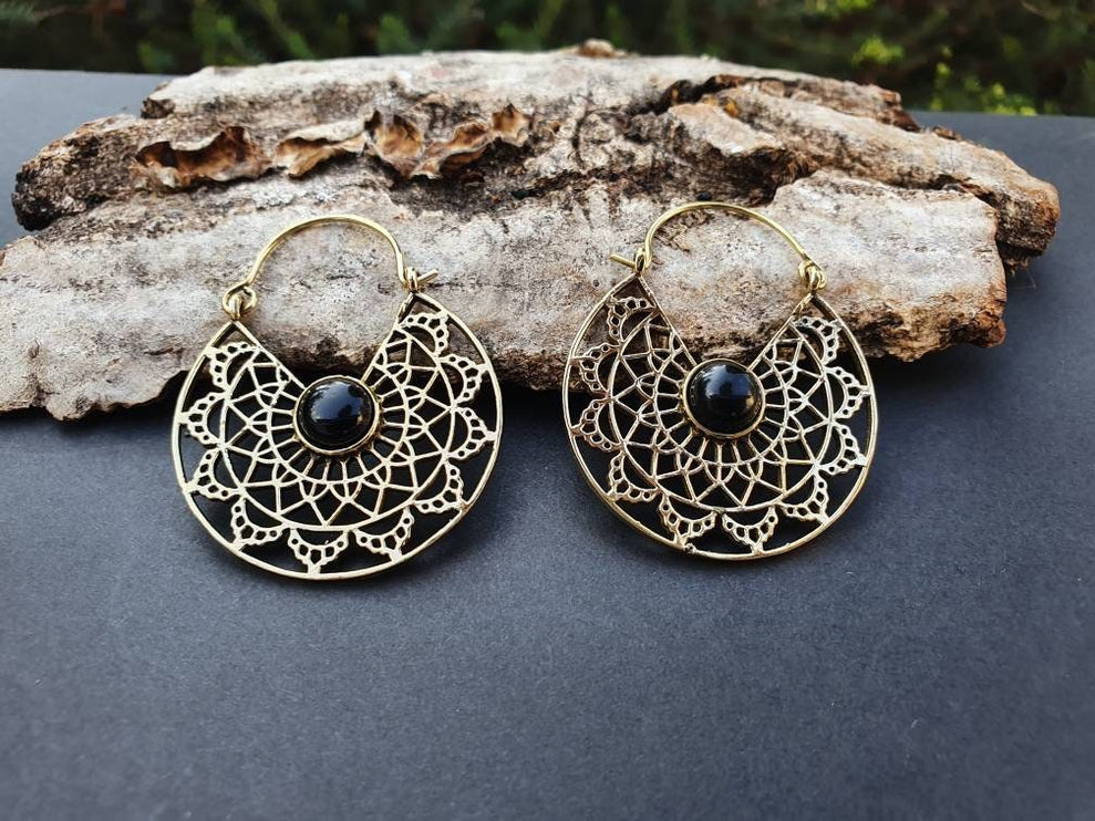 Golden Ethnic Black Onyx Earrings Ethnic, rustic, yoga, hippie, gypsy, pretty, psy, boho, bohemian, festival