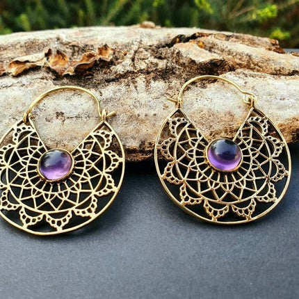 Golden Amethyst Earrings Ethnic, rustic, yoga, hippie, gypsy, pretty, psy, boho, bohemian, festival