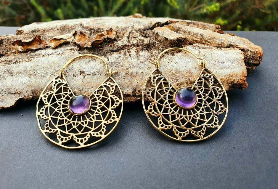 Golden Amethyst Earrings Ethnic, rustic, yoga, hippie, gypsy, pretty, psy, boho, bohemian, festival