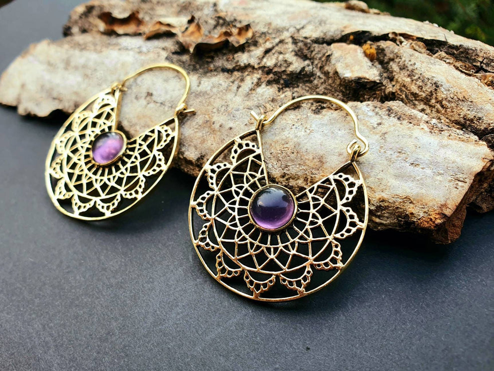 Golden Amethyst Earrings Ethnic, rustic, yoga, hippie, gypsy, pretty, psy, boho, bohemian, festival