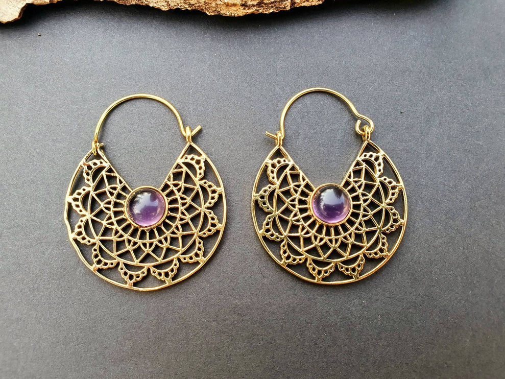 Golden Amethyst Earrings Ethnic, rustic, yoga, hippie, gypsy, pretty, psy, boho, bohemian, festival