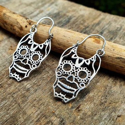 Mini Mexican Sugar Skull Silver Earrings; Day of the Dead Ethnic Boho Rustic Chic Gypsy Spiral Hippie Tribal Bohemian style