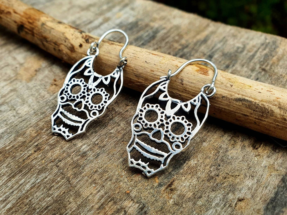 Mini Mexican Sugar Skull Silver Earrings; Day of the Dead Ethnic Boho Rustic Chic Gypsy Spiral Hippie Tribal Bohemian style