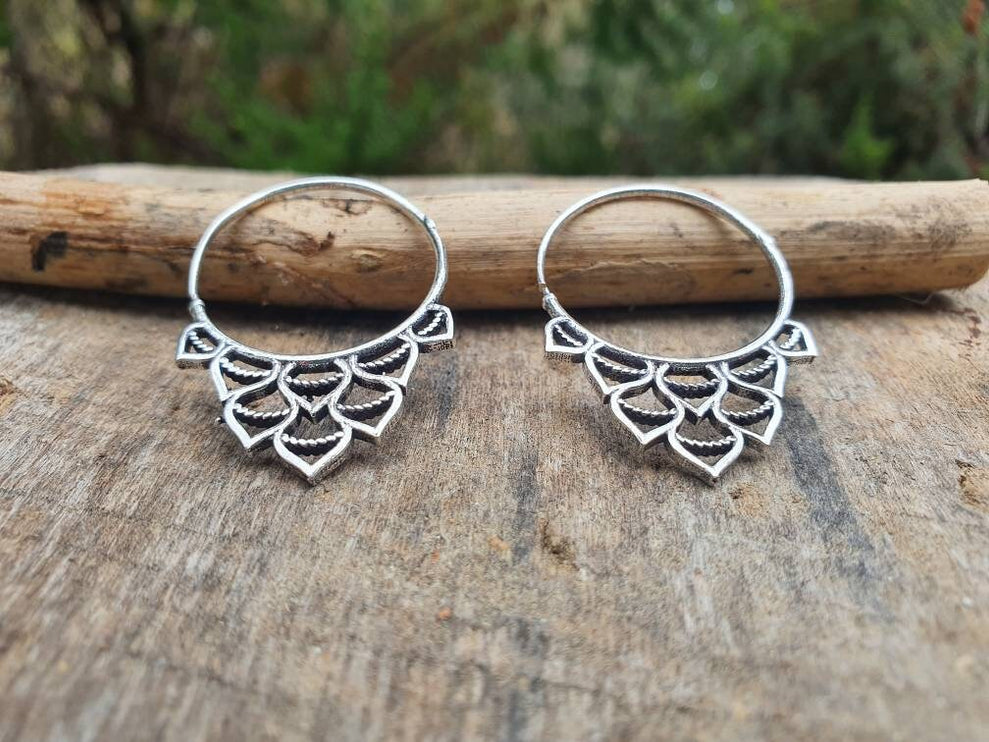 Small Boho Silver Hoop Earrings; Ethnic, Geometric, Rustic, Yoga, Hippie, Gypsy, Pretty, Ssy, Boho, Bohemian, Festival