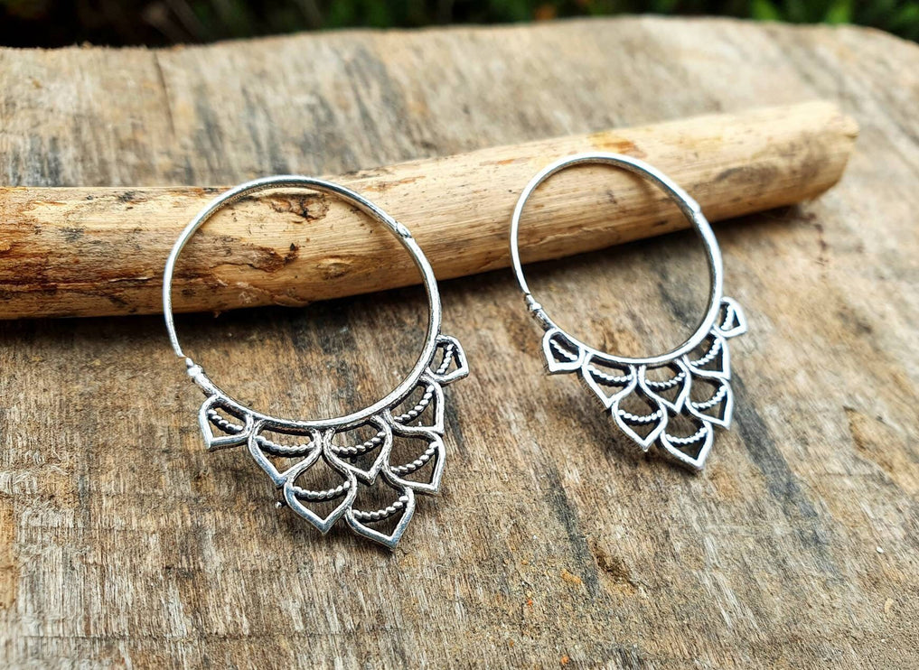 Small Boho Silver Hoop Earrings; Ethnic, Geometric, Rustic, Yoga, Hippie, Gypsy, Pretty, Ssy, Boho, Bohemian, Festival