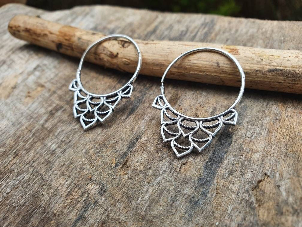 Small Boho Silver Hoop Earrings; Ethnic, Geometric, Rustic, Yoga, Hippie, Gypsy, Pretty, Ssy, Boho, Bohemian, Festival