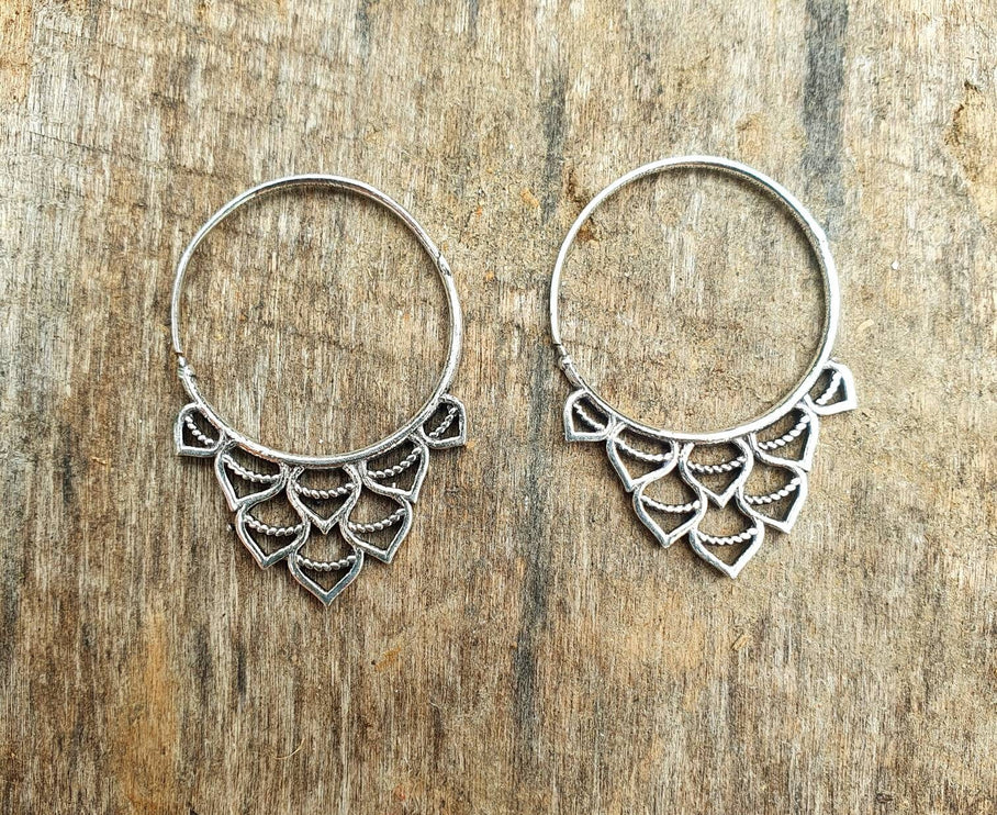 Small Boho Silver Hoop Earrings; Ethnic, Geometric, Rustic, Yoga, Hippie, Gypsy, Pretty, Ssy, Boho, Bohemian, Festival