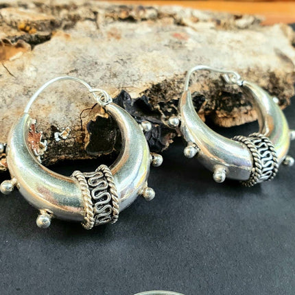 Chunky Silver Bali Hoop Earrings / Ethnic / Rustic / Bohemian / Gypsy / Spiral / Hippie / Chunky / Festival / style