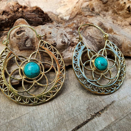 Golden Ethnic Turquoise Earrings Ethnic, rustic, yoga, hippie, gypsy, pretty, psy, boho, bohemian, festival