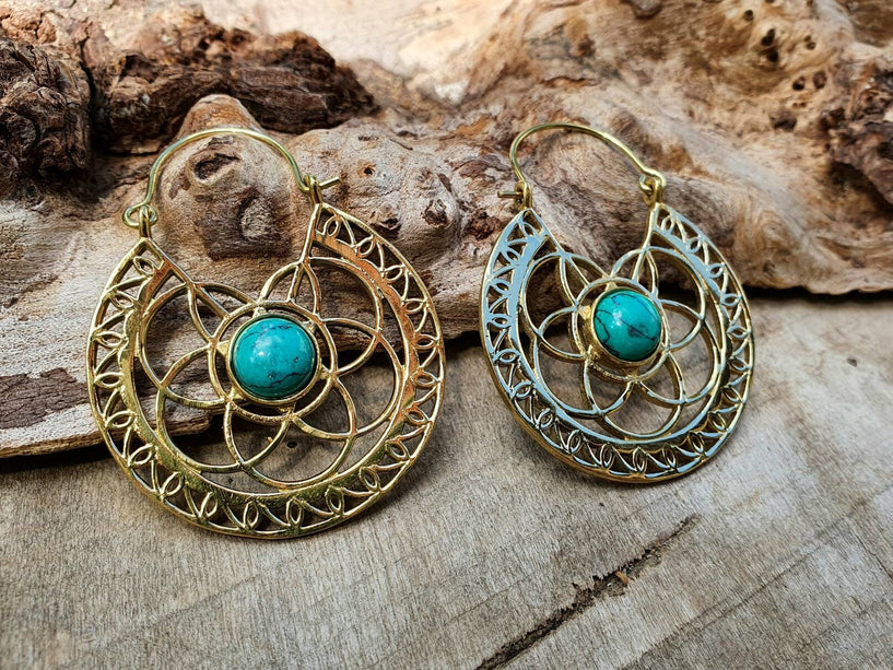 Golden Ethnic Turquoise Earrings Ethnic, rustic, yoga, hippie, gypsy, pretty, psy, boho, bohemian, festival