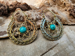 Golden Ethnic Turquoise Earrings Ethnic, rustic, yoga, hippie, gypsy, pretty, psy, boho, bohemian, festival