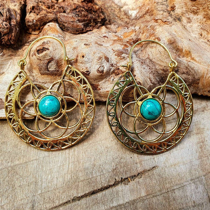 Golden Ethnic Turquoise Earrings Ethnic, rustic, yoga, hippie, gypsy, pretty, psy, boho, bohemian, festival