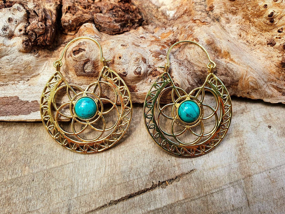 Golden Ethnic Turquoise Earrings Ethnic, rustic, yoga, hippie, gypsy, pretty, psy, boho, bohemian, festival