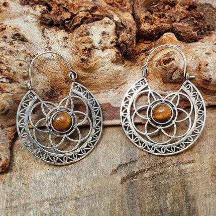 Tiger Eye & Silver Hoop Earrings Ethnic, rustic, yoga, hippie, gypsy, pretty, psy, boho, bohemian, festival