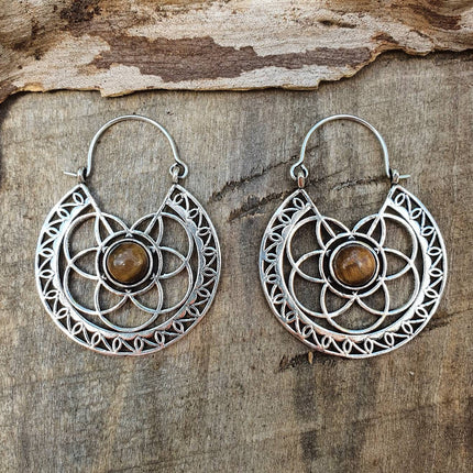 Tiger Eye & Silver Hoop Earrings Ethnic, rustic, yoga, hippie, gypsy, pretty, psy, boho, bohemian, festival