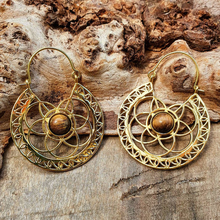 Tiger Eye & Brass Hoop Earrings Ethnic, rustic, yoga, hippie, gypsy, pretty, psy, boho, bohemian, festival