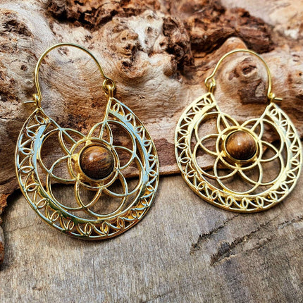 Tiger Eye & Brass Hoop Earrings Ethnic, rustic, yoga, hippie, gypsy, pretty, psy, boho, bohemian, festival
