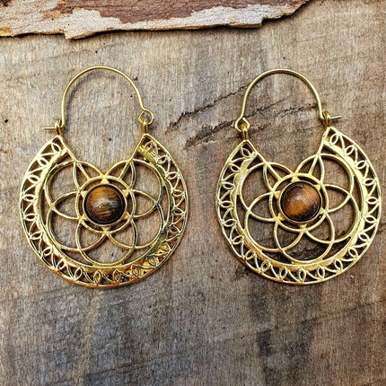 Tiger Eye & Brass Hoop Earrings Ethnic, rustic, yoga, hippie, gypsy, pretty, psy, boho, bohemian, festival