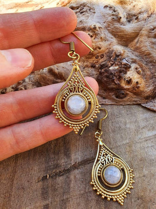 Moonstone Dangle earrings Gold Brass / Birth Stone / Ethnic / rustic, yoga, hippie, gypsy, pretty, psy, boho, bohemian, festival