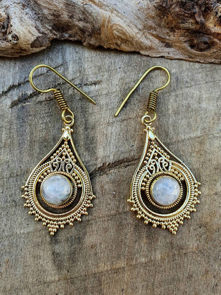 Moonstone Dangle earrings Gold Brass / Birth Stone / Ethnic / rustic, yoga, hippie, gypsy, pretty, psy, boho, bohemian, festival