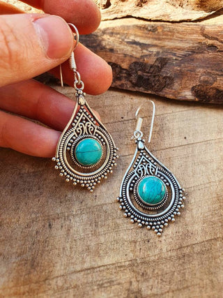 Turquoise Silver Drop Dangle earrings / Birth Stone / Ethnic / rustic, yoga, hippie, gypsy, pretty, psy, boho, bohemian, festival