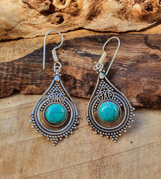 Turquoise Silver Drop Dangle earrings / Birth Stone / Ethnic / rustic, yoga, hippie, gypsy, pretty, psy, boho, bohemian, festival