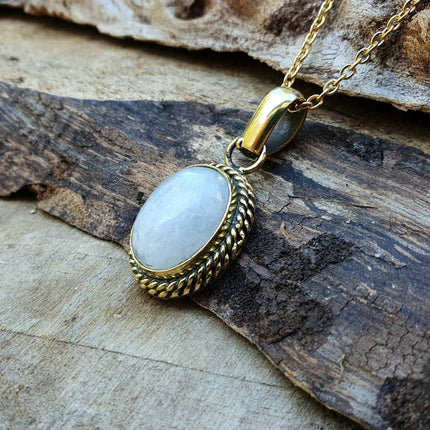 Moonstone Pendant Necklace Gold Chain / Brass / Ethnic / Hypoallergenic / Hippie / Gypsy / Rustic