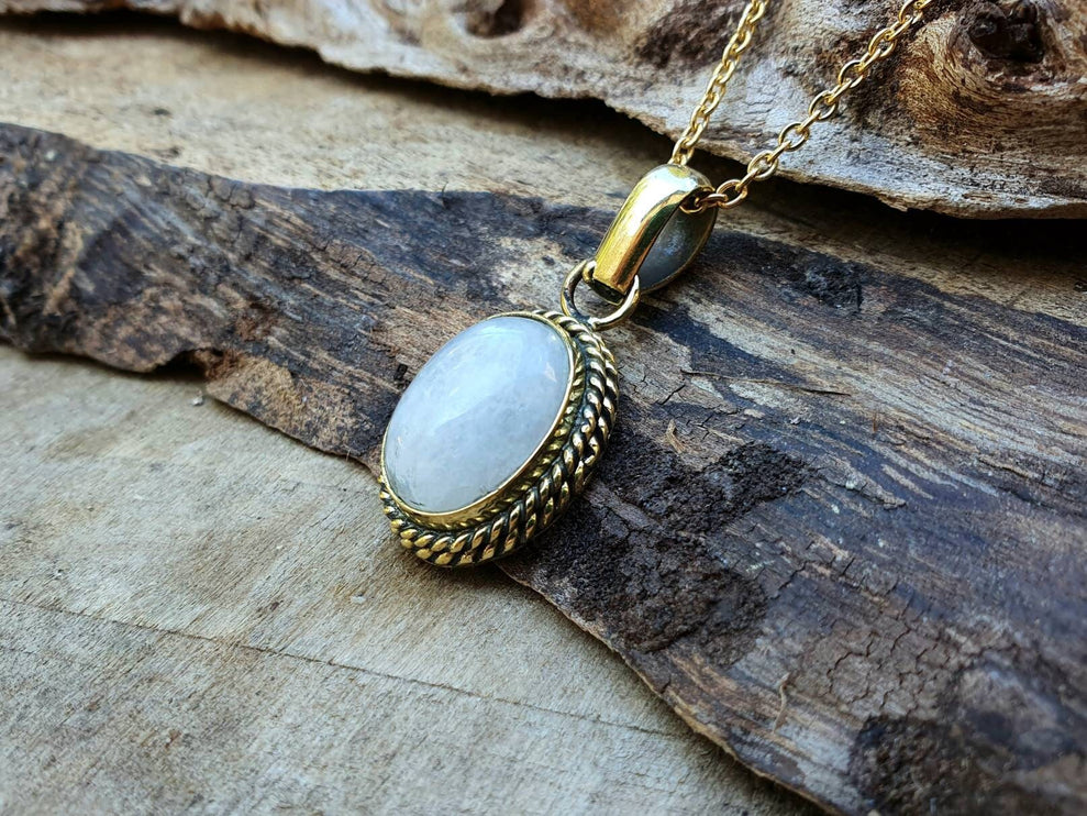 Moonstone Pendant Necklace Gold Chain / Brass / Ethnic / Hypoallergenic / Hippie / Gypsy / Rustic