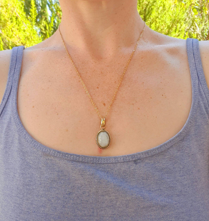 Moonstone Pendant Necklace Gold Chain / Brass / Ethnic / Hypoallergenic / Hippie / Gypsy / Rustic