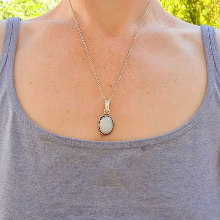 Moonstone Pendant Necklace Silver Chain / Stainless Steel / Ethnic / Hypoallergenic / Hippie / Gypsy / Rustic