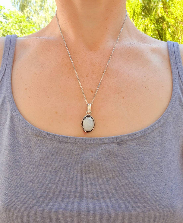 Moonstone Pendant Necklace Silver Chain / Stainless Steel / Ethnic / Hypoallergenic / Hippie / Gypsy / Rustic