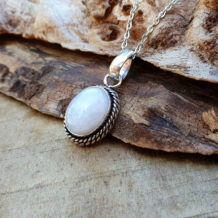 Moonstone Pendant Necklace Silver Chain / Stainless Steel / Ethnic / Hypoallergenic / Hippie / Gypsy / Rustic