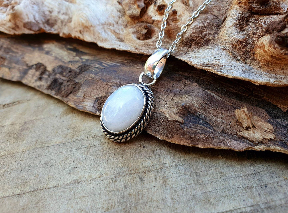 Moonstone Pendant Necklace Silver Chain / Stainless Steel / Ethnic / Hypoallergenic / Hippie / Gypsy / Rustic