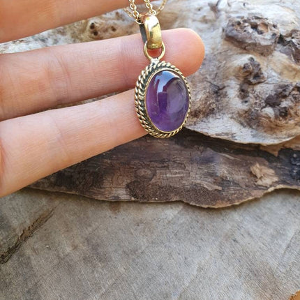 Amethyst Pendant Necklace Gold Chain / Brass / Purple Stone / Ethnic / Hypoallergenic / Hippie / Gypsy / Rustic