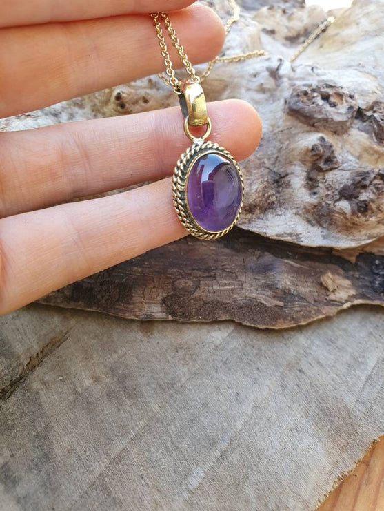 Amethyst Pendant Necklace Gold Chain / Brass / Purple Stone / Ethnic / Hypoallergenic / Hippie / Gypsy / Rustic