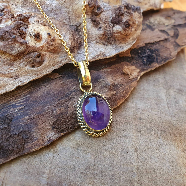 Amethyst Pendant Necklace Gold Chain / Brass / Purple Stone / Ethnic / Hypoallergenic / Hippie / Gypsy / Rustic