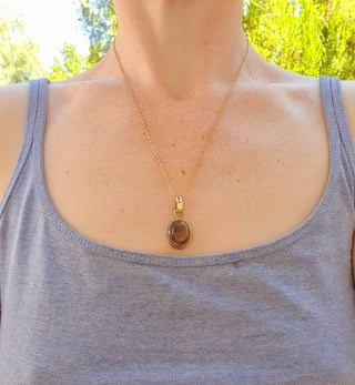 Chunky Boho Tiger Eye Pendant Necklace Stainless Steel Chain, Bohemian Gift for Her