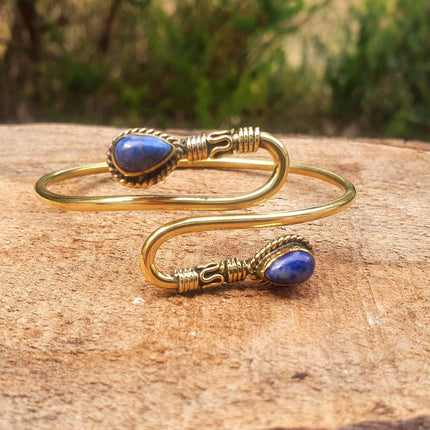 Golden Lapis Lazuli Bracelet / Spiral Boho Bangle / Ethnic / Rustic / Bohemian / Hippie / Gypsy / Psy / Adjustable