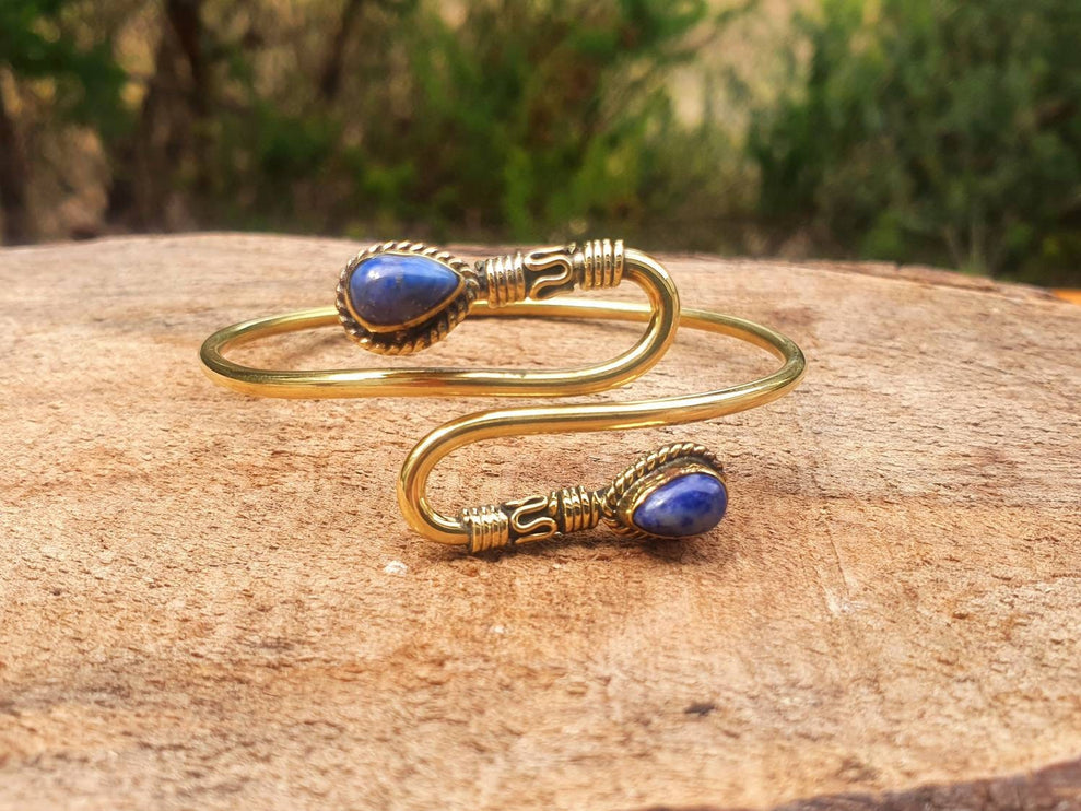 Golden Lapis Lazuli Bracelet / Spiral Boho Bangle / Ethnic / Rustic / Bohemian / Hippie / Gypsy / Psy / Adjustable