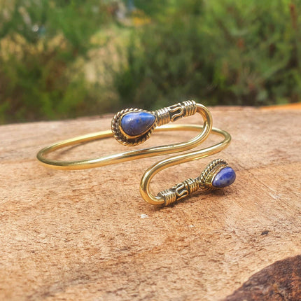 Golden Lapis Lazuli Bracelet / Spiral Boho Bangle / Ethnic / Rustic / Bohemian / Hippie / Gypsy / Psy / Adjustable