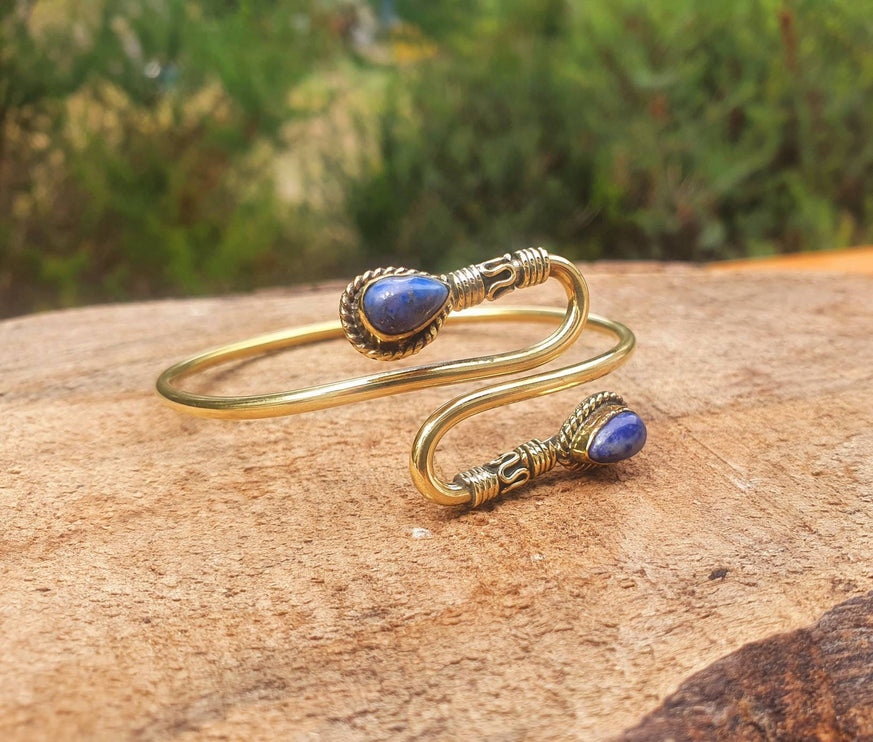 Golden Lapis Lazuli Bracelet / Spiral Boho Bangle / Ethnic / Rustic / Bohemian / Hippie / Gypsy / Psy / Adjustable